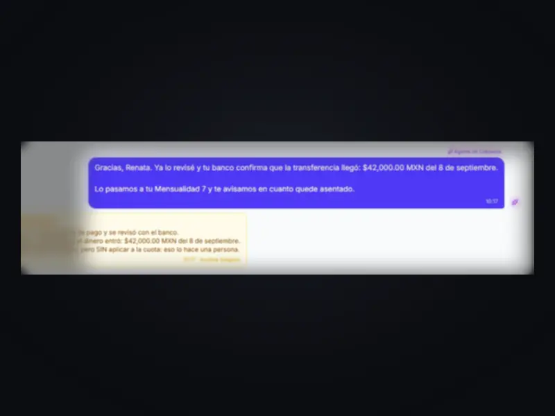 The agent confirms a transfer and leaves an internal note