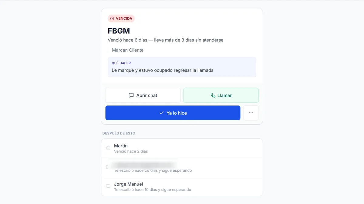 La pantalla Ahora con lo vencido, qué hacer y a quién sigue