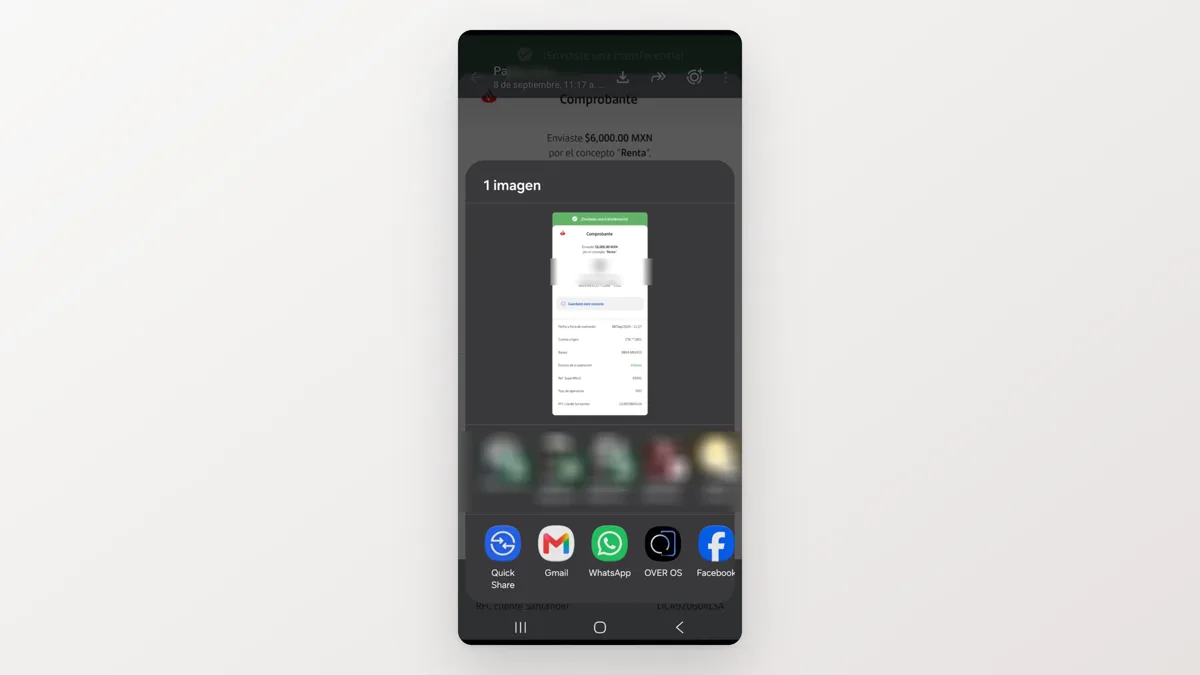 Un comprobante compartido desde WhatsApp directo a OVER OS