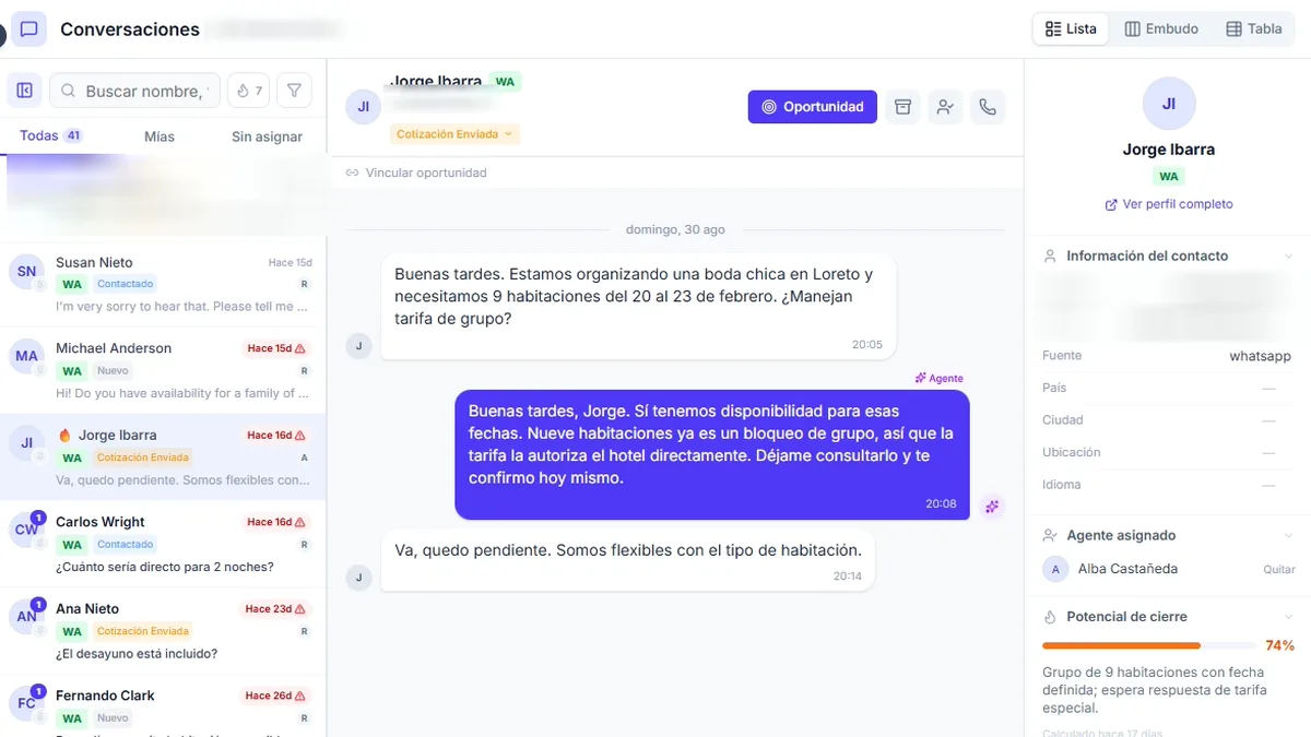 Bandeja de conversaciones de WhatsApp con el potencial de cierre del contacto