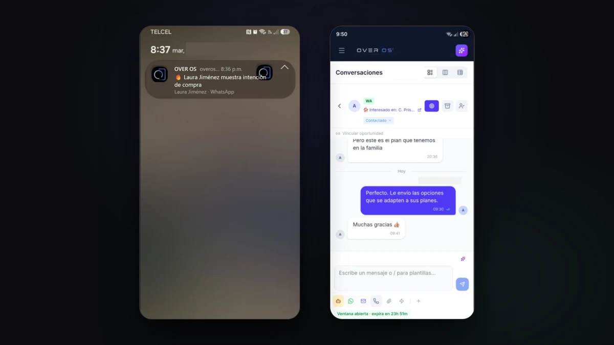 La app de OVER OS en el celular con una alerta de lead caliente